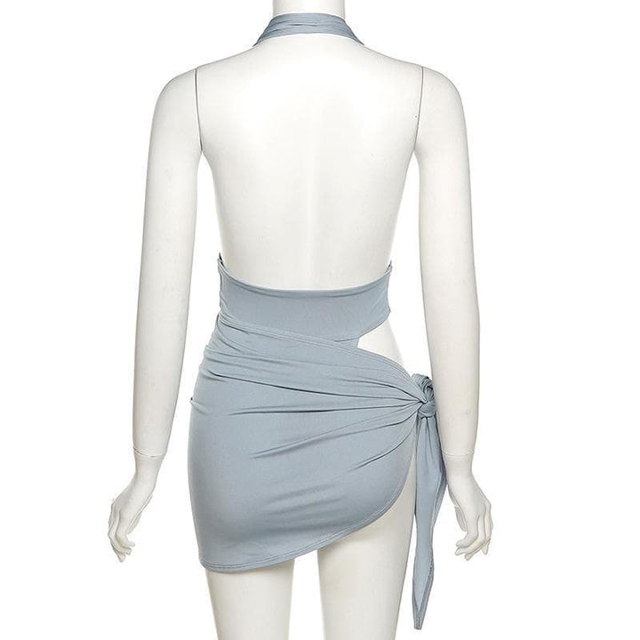 Halter V Neck knotted Ruched Bodycon Dress - Halibuy