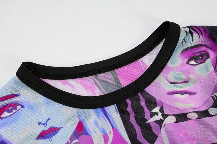 Crewneck long sleeve print mesh see-through top - Halibuy