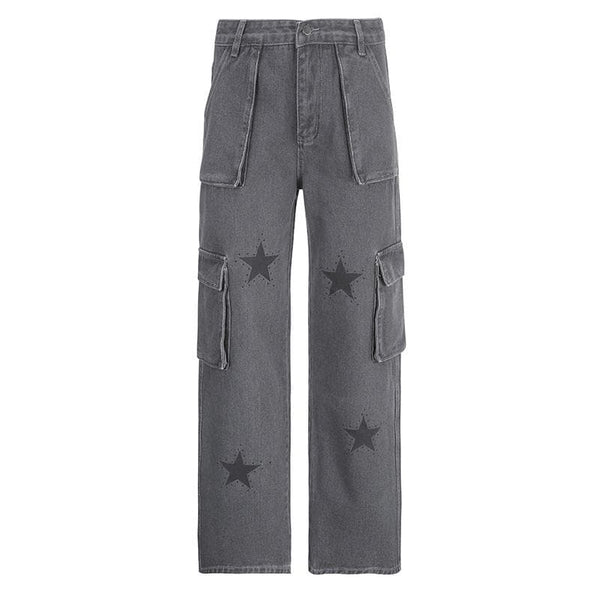 Jean en denim contrasté à motif étoile et poches zippées 