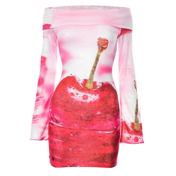 Robe courte à manches longues et épaules dénudées contrastées à motif cerises | Robe de tango rouge 