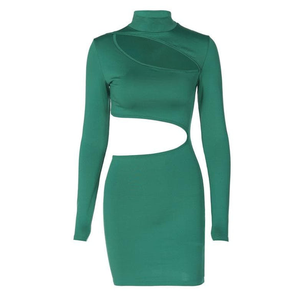Robe courte unie irrégulière à manches longues et col haut ajouré 