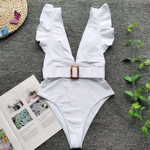 V neck ruffled one piece swimwear - Halibuy