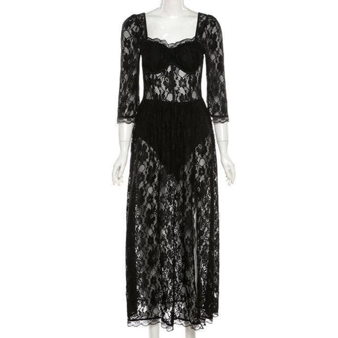 Square neck hem lace slit long sleeve midi dress - Halibuy