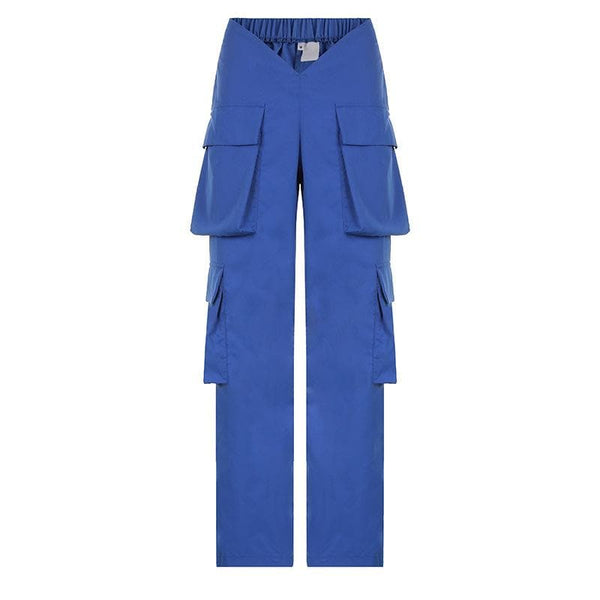 Pantalon cargo droit uni avec poche à la taille en V 