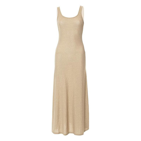 Robe longue texturée unie sans manches à volants et col en U 