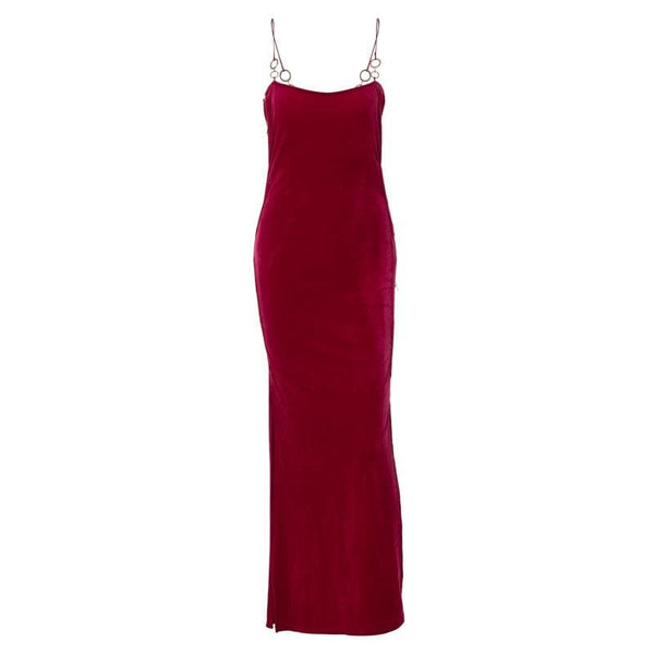 Velvet solid o ring hollow out slit backless maxi dress  | red tango dress