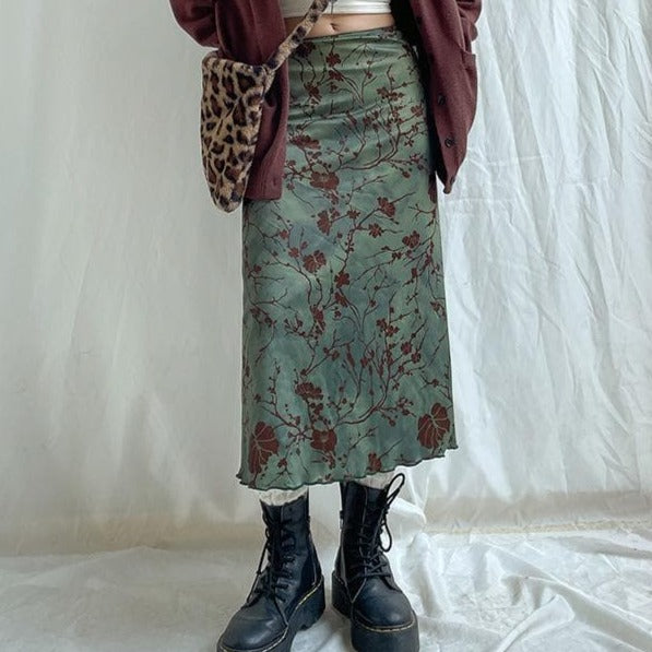 Jupe midi tie dye à volants contrastés et motif floral 