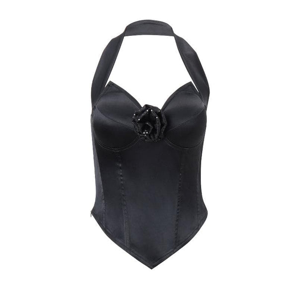Bustier dos nu en satin avec appliques florales et fermeture éclair pailletée 