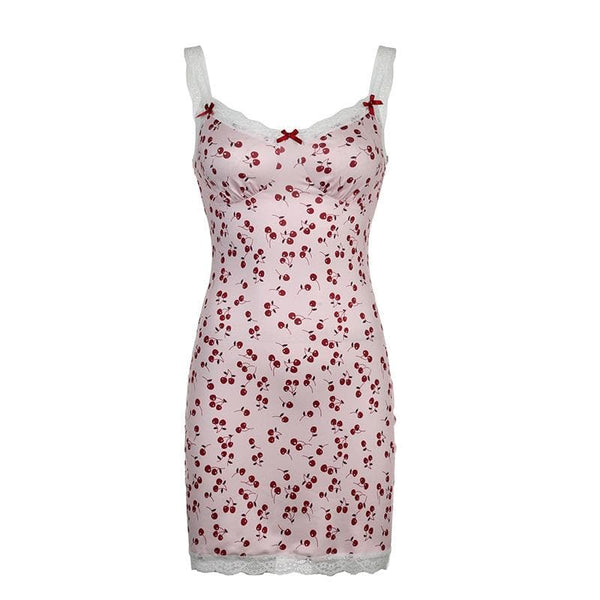 Mini-robe sans manches à col en V et ourlet en dentelle contrastée à imprimé cerises 
