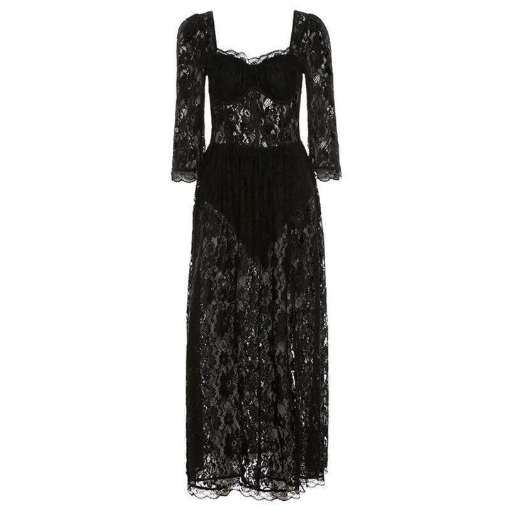 Square neck hem lace slit long sleeve midi dress - Halibuy