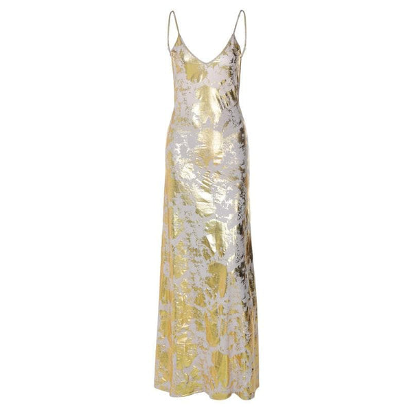 Robe longue camisole contrastée à imprimé métallisé et col en V 