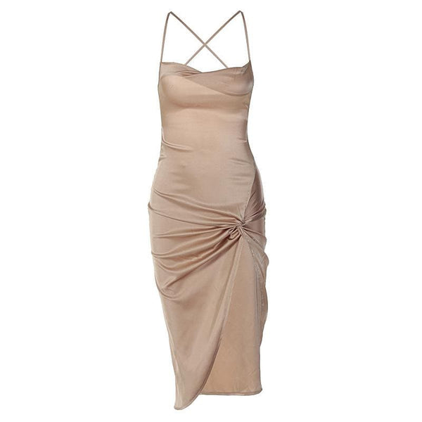 Robe midi sans manches à col bénitier croisé et fente à lacets avec dos nu et lien à nouer 