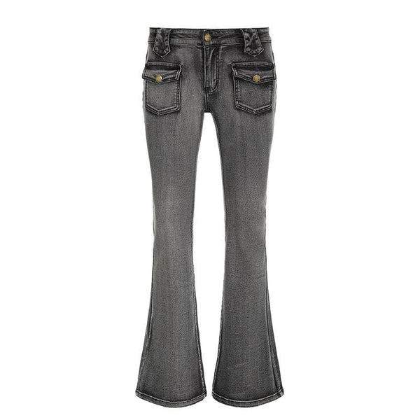Jean évasé taille basse uni avec boutons de poche 