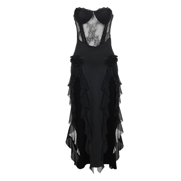 Robe midi unie fendue à volants et à appliques florales en dentelle patchwork 