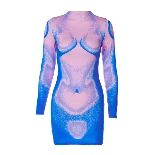 Long sleeve abstract contrast turtle neck mini dress  | red tango dress