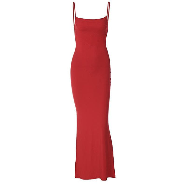 Square neck backless solid sleeveless cami maxi dress  | red tango dress