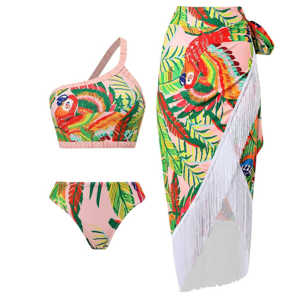 Maillot de bain bikini contrasté dos nu à imprimé feuilles et une épaule