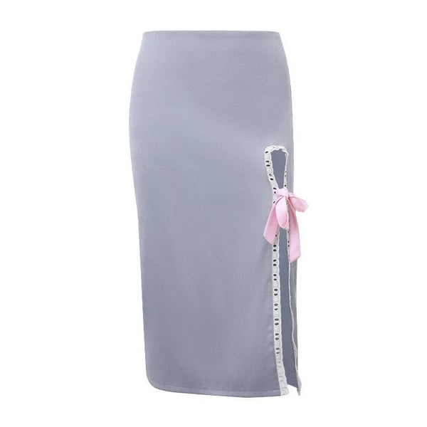 Bowknot slit lace hem denim zip-up hollow out irregular midi skirt