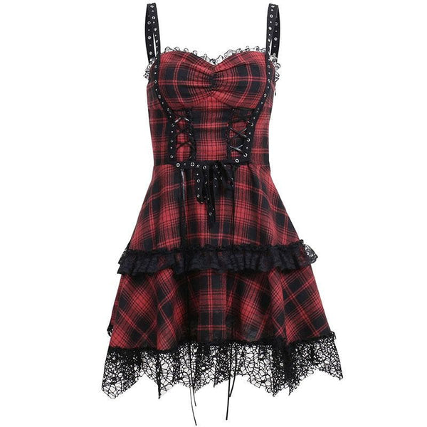 Zip-up lace hem lace up plaid backless mini dress  | red tango dress