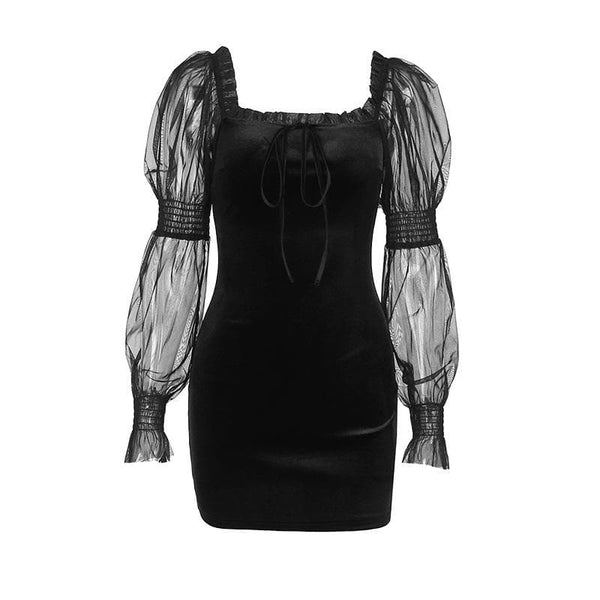 Mini-robe en velours à manches longues bouffantes et à volants en maille froncée à col carré 