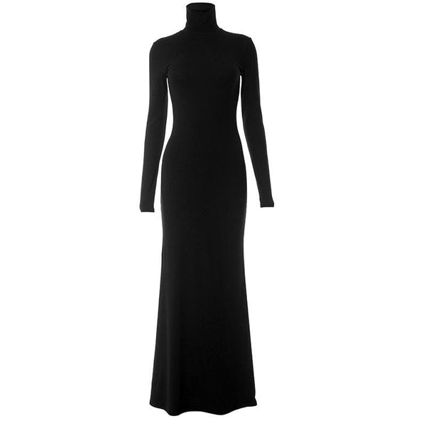 Robe longue unie à col haut et manches longues