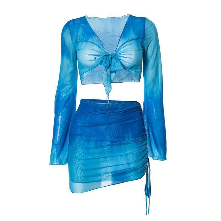 Flared sleeve mesh see through skirt set - Halibuy