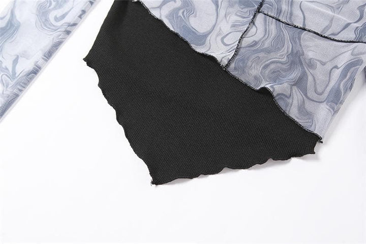 Long sleeve mesh irregular ruffled crop top - Halibuy