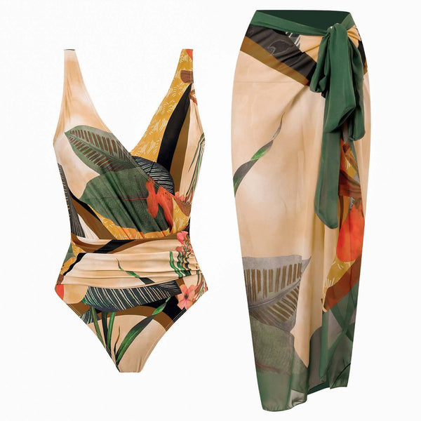 Maillot de bain une pièce froncé à motif de feuilles et col en V