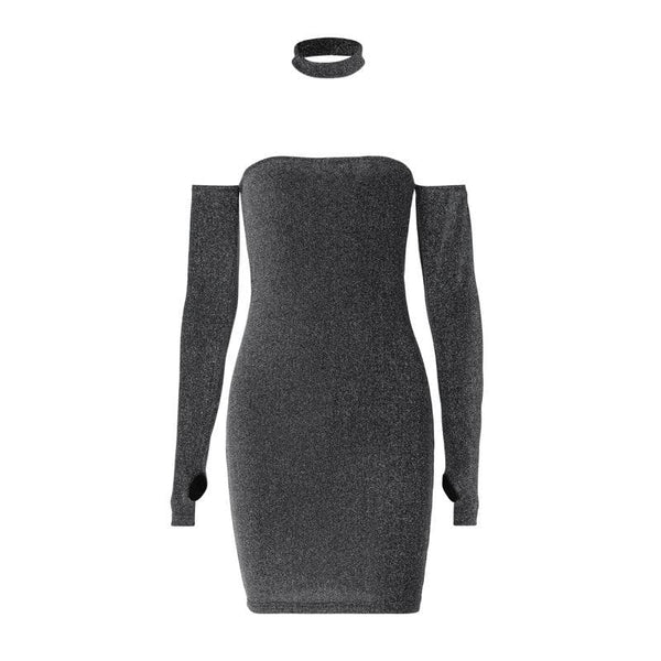 Robe mini dos nu à manches longues et épaules dénudées avec gants texturés 