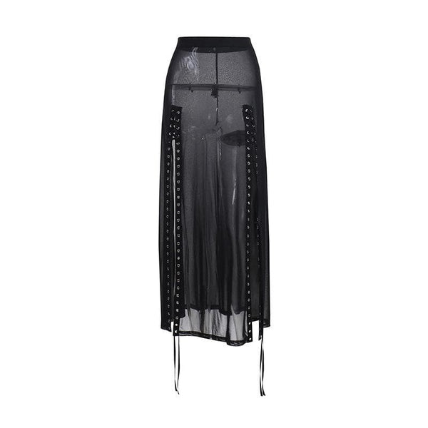 Sheer mesh see through lace up slit solid maxi dress  | samba dress