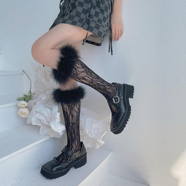 Chaussettes hautes ajourées en dentelle à plumes 
