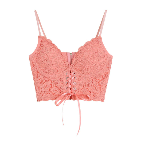 Haut camisole uni à col en V et col en cœur avec lacets et fermeture éclair et ourlet en dentelle 