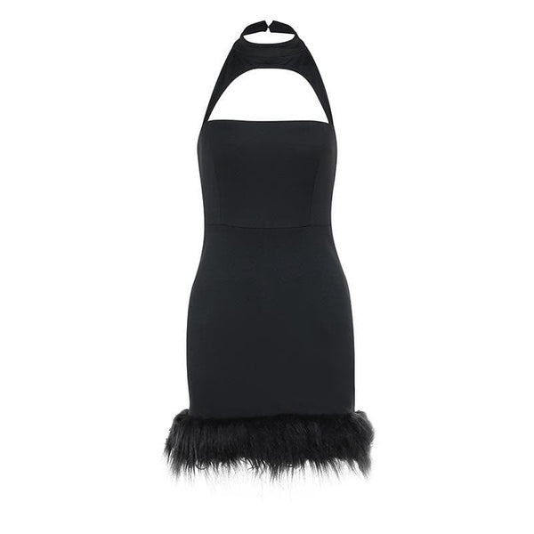 Mini-robe unie boutonnée à dos nu et à licou ajouré 