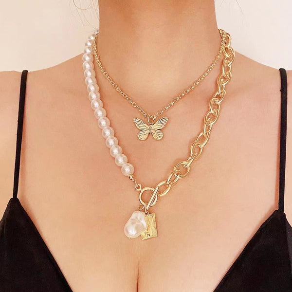 Collier avec pendentif papillon en fausses perles, lot de 2 