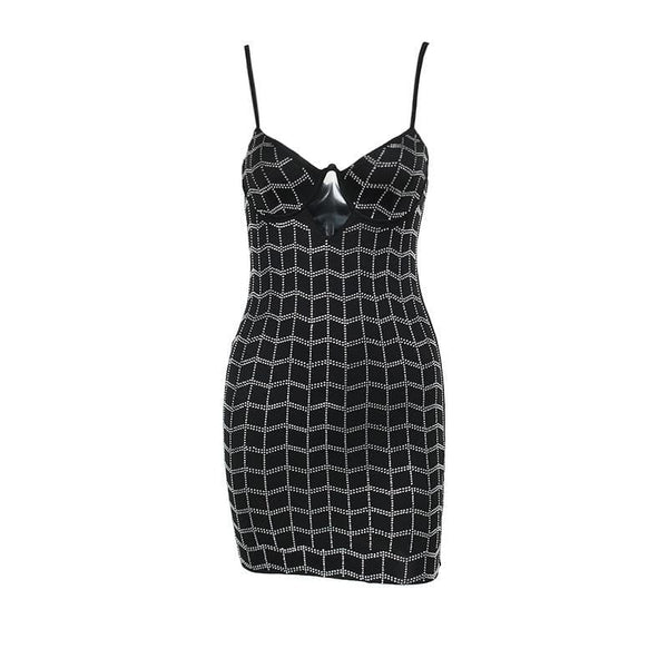 Mini-robe camisole à carreaux avec col en V et dos nu et perles 