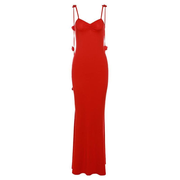 Flower applique backless solid v neck ribbon cami maxi dress  | red tango dress