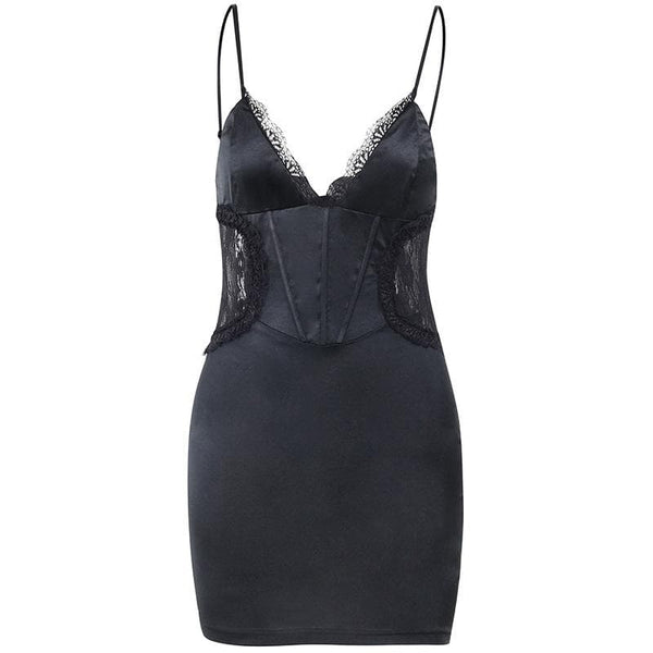 Robe courte à col en V et corset patchwork en dentelle 