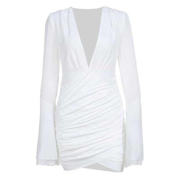 Robe courte unie irrégulière froncée à manches longues évasées et col en V 