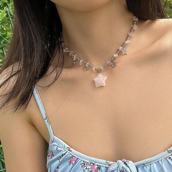 Collier ras du cou en perles de pierre étoile 