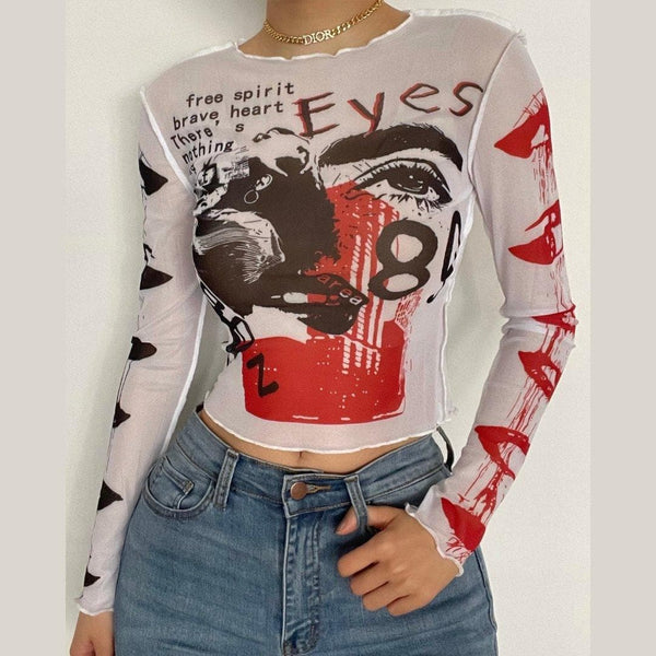 Mesh see through crewneck print ruffled crop top - Halibuy