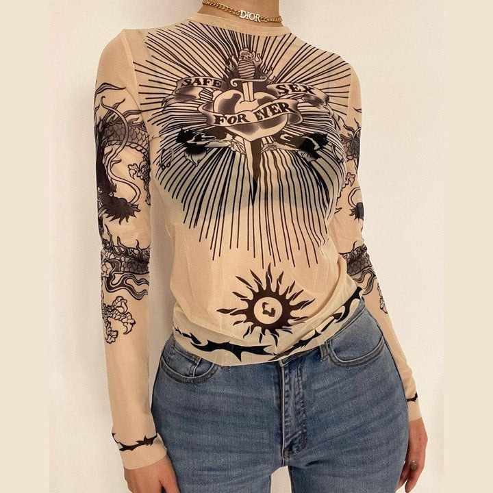 Long sleeve crewneck mesh see through print top - Halibuy