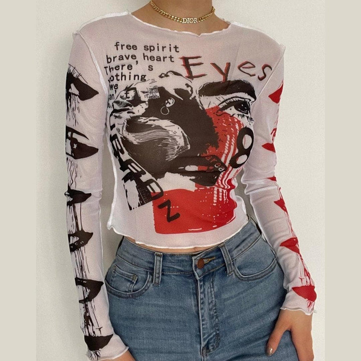 Mesh see through crewneck print ruffled crop top - Halibuy