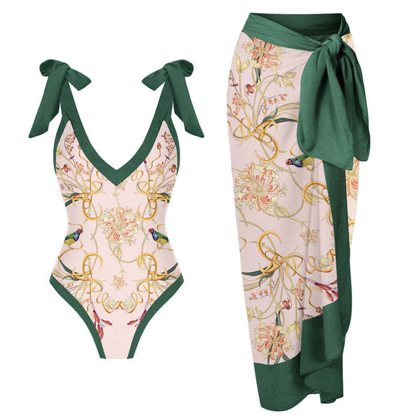 Maillot de bain une pièce à col en V contrasté et à nouer avec jupe de plage 